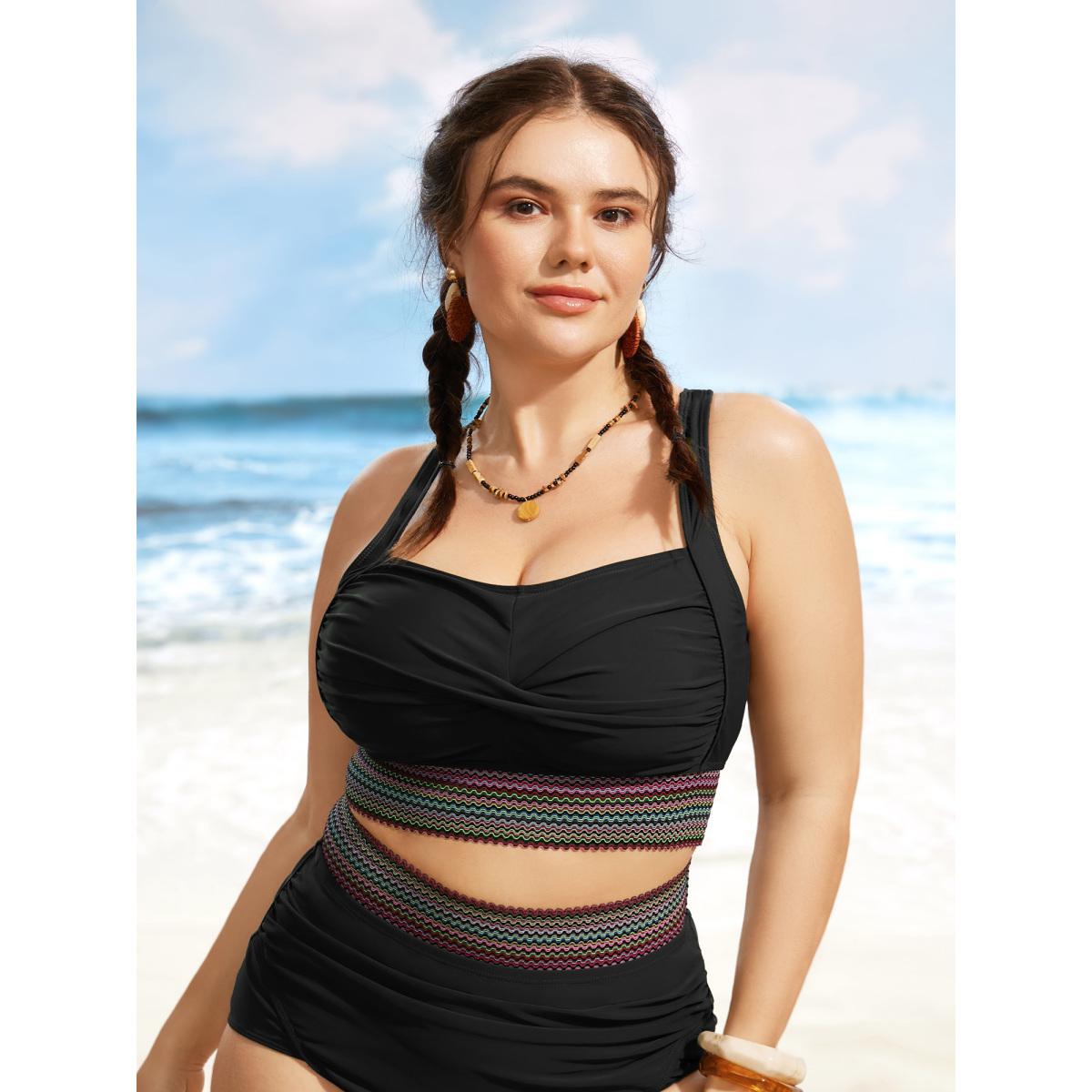 Plus Size Twist Front Patchwork Woven Ribbon Swim Top Women's Swimwear Black Resort Woven ribbon&lace trim High stretch Skinny Heart neckline Curve Swim Tops BloomChic 18-20/2X Product Image