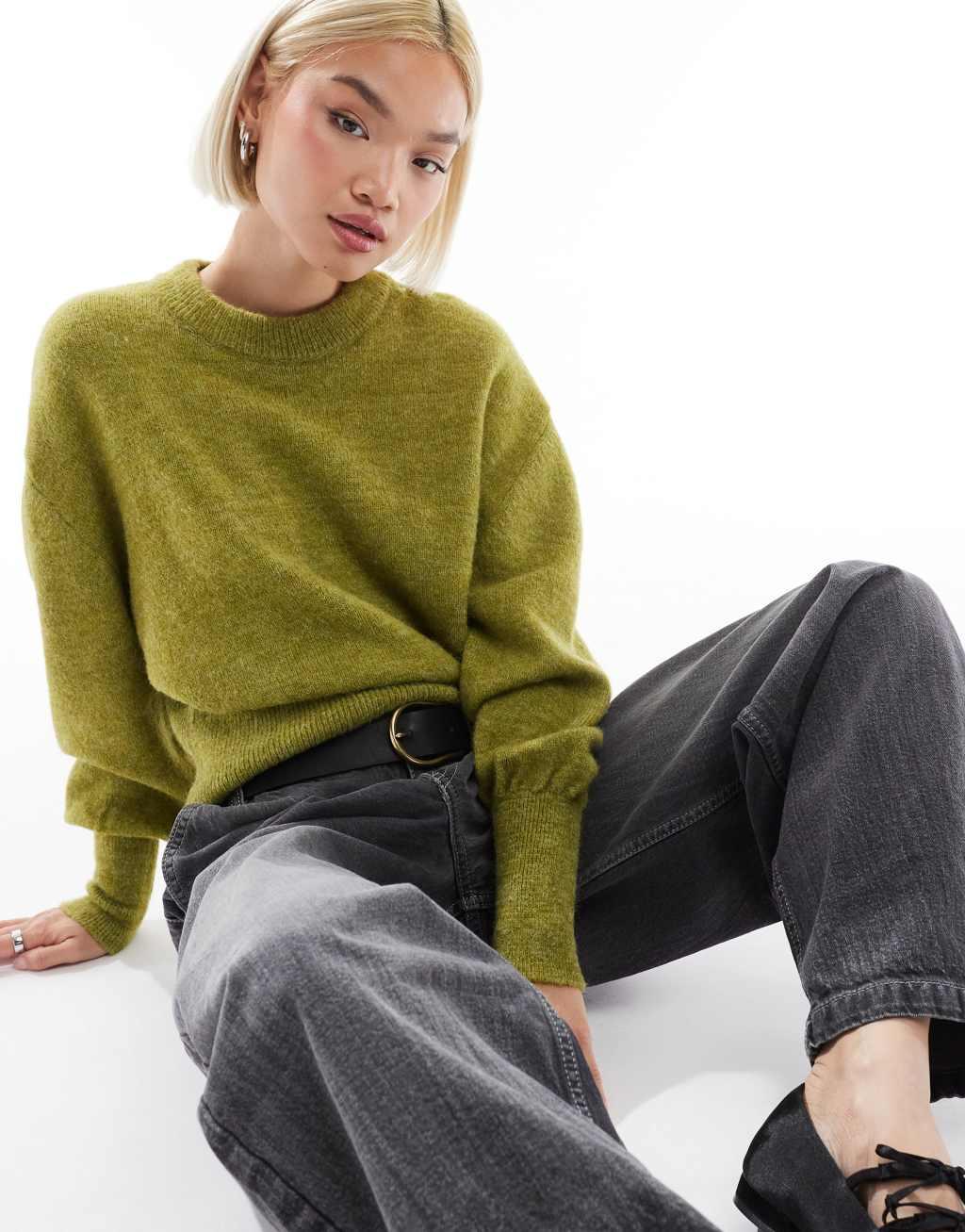 ASOS DESIGN knit crew neck sweater with balloon sleeves Product Image