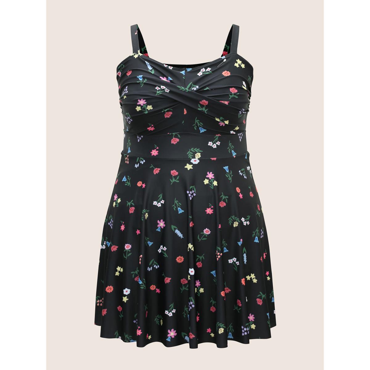 Plus Size Heart Neckline Floral Twist Front Swim Dress Women's Swimwear Black Beach Bodycon Heart neckline High stretch Curve Swim Dresses BloomChic 22-24/3X Product Image