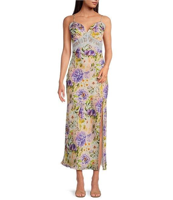 ASTR the Label Ivanna Floral Print V Neck Sleeveless Maxi Slip Dress Product Image