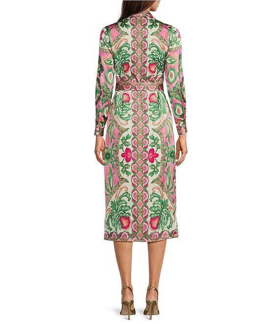 Terani Couture Paisley Print Point Collar Neck Long Sleeve Button Front Tie Belt Shirt Midi Dress Product Image