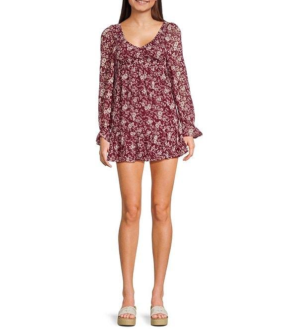 Allison & Kelly Floral Print V-Neck Long Sleeve Smocked Tiered Babydoll Dress Product Image