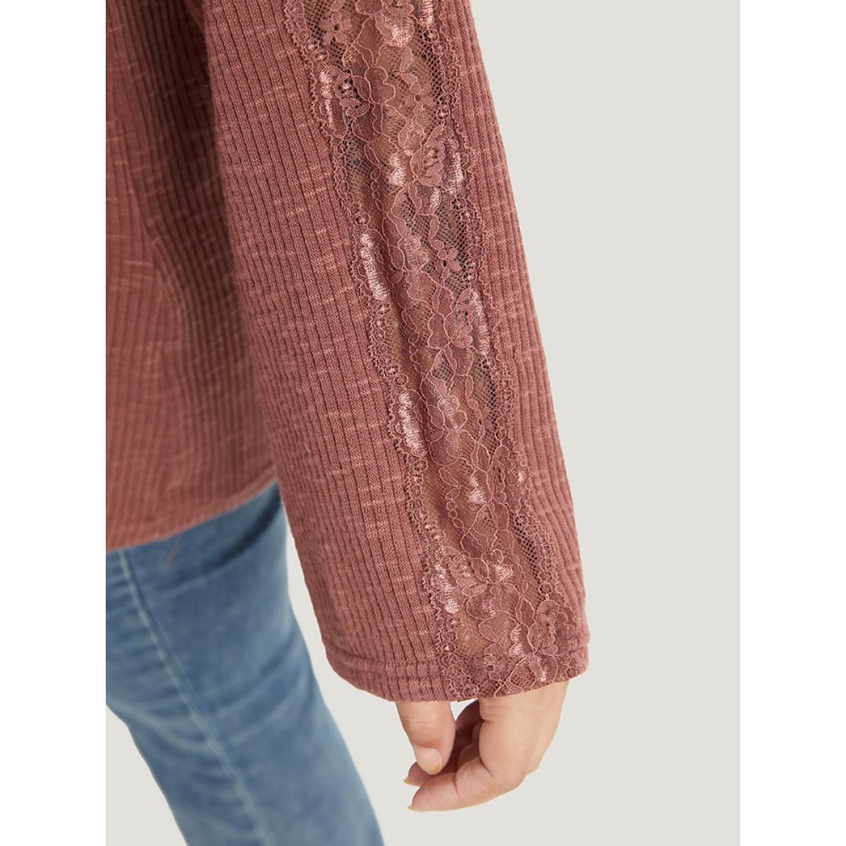 Plus Size Rib Knit Lace Panel Raglan Sleeve T-shirt DustyPink Women Elegant Texture Plain V-neck Dailywear T-shirts BloomChic 28/5X Product Image