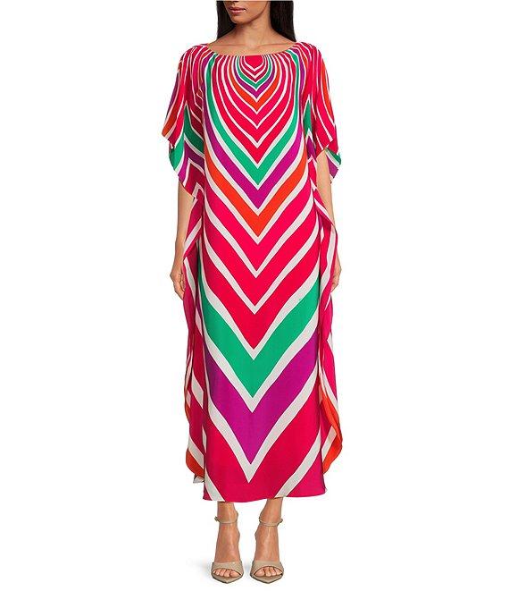 Trina Turk Jalani Printed Boat Neck Elbow Sleeve Caftan Maxi Dress Product Image