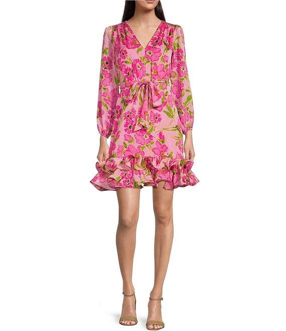 Taylor Floral V-Neck Long Sleeve Tiered Ruffle Hem Dress Product Image