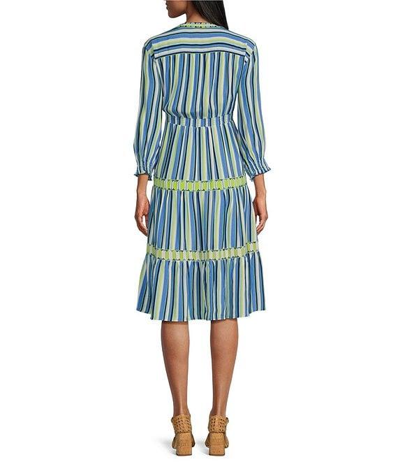 John Mark Embroidered Stripe V-Neck Long Ruffle Sleeve Tiered Popover Midi Dress Product Image