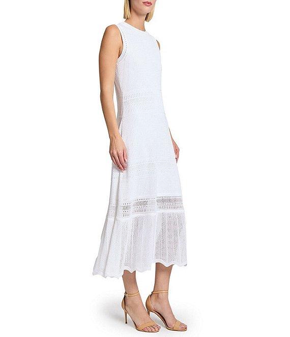 MISOOK Pointelle Knit Crew Neck Sleeveless Ruffle Hem Midi Dress Product Image