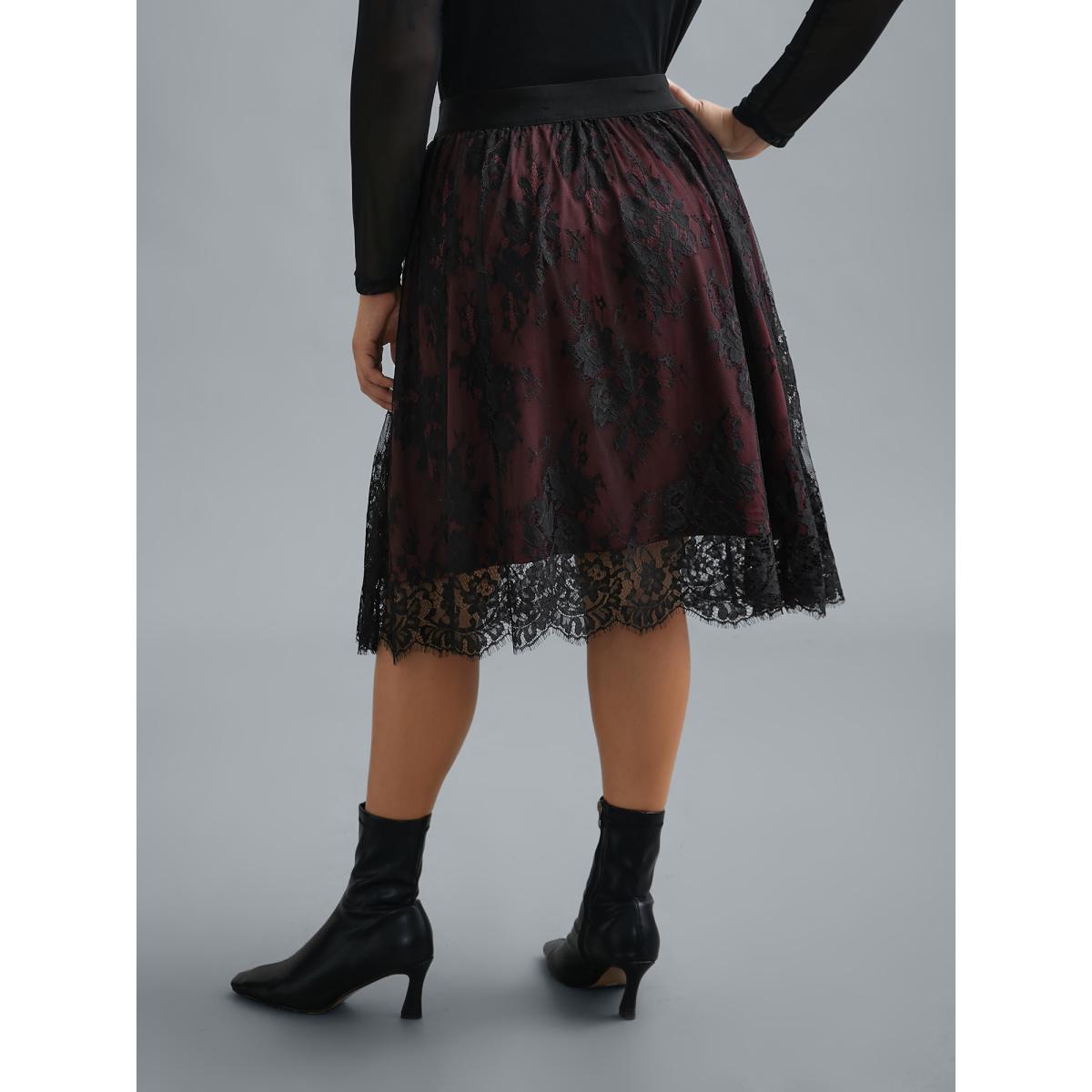 Plus Size Floral Crochet Lace Mesh Stretchy Skirt Women Deepred Elegant Tiered Low stretch Side seam pocket Everyday Skirts BloomChic 18-20/2X Product Image