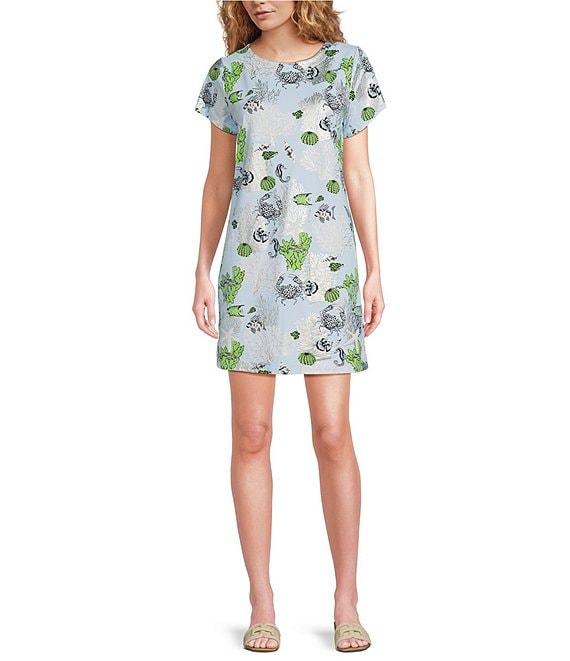 Jude Connally Ella Coral Reef Pool Print Jude Cloth Stretch Knit Wrinkle-Free Crew Neck Short Sleeve Shift Dress Product Image