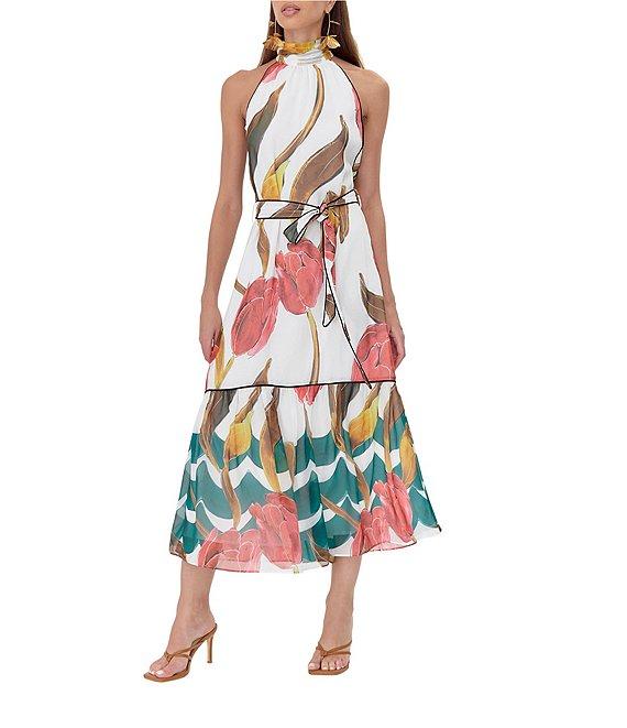 Adelyn Rae Woven Floral Print Halter Neck Sleeveless Belted Waist Tie Blouson Midi Dress Product Image