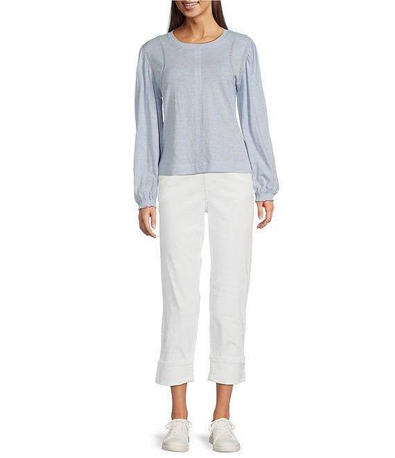 Democracy Petite Size Knit Crew Neck Long Sleeve Crochet Fagoting Detail Top Product Image