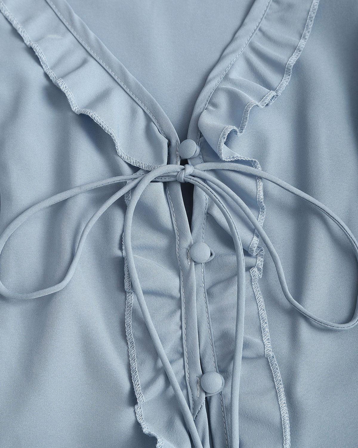 Blue Ruffle V Neck Button Blouse Product Image