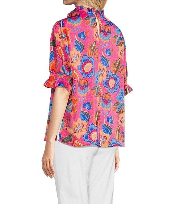 Ali Miles Floral Ruffle Round Neck Elbow Sleeve Print Popover Tunic Product Image