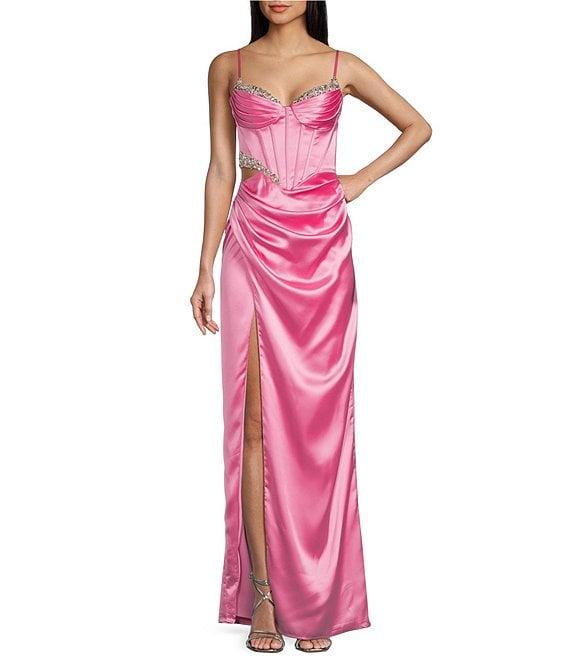 GB Satin Cutout Bejeweled Dress Product Image