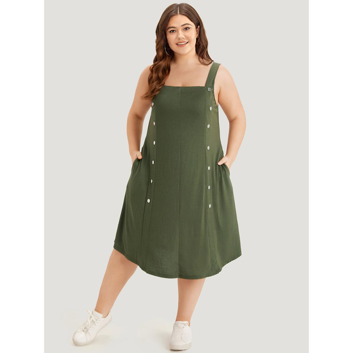 Plus Size Plain Button Detail Pocket Curved Hem Cami Dress ArmyGreen Women Casual Plain Spaghetti Strap Sleeveless Curvy Midi Dress BloomChic 26/4X Product Image
