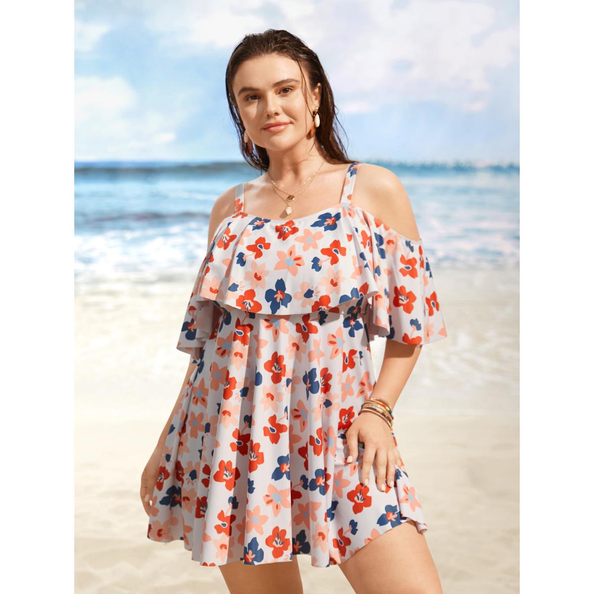 Plus Size Contrast Floral One Shoulder Neck Ruffles Swim Dress Women's Swimwear Beige Beach Bodycon One-shoulder neck High stretch Curve Swim Dresses BloomChic 18-20/2X Product Image