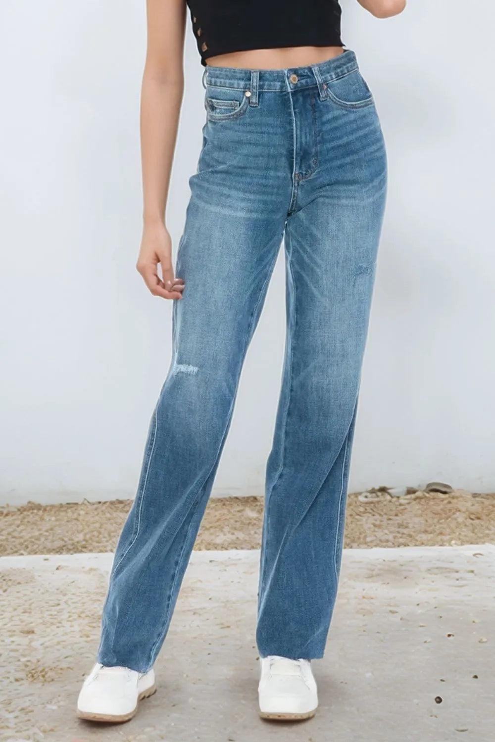 88848   Alora Hi-Rise Tummy Control Cut Raw Hem Straight Judy Blue Jeans Product Image