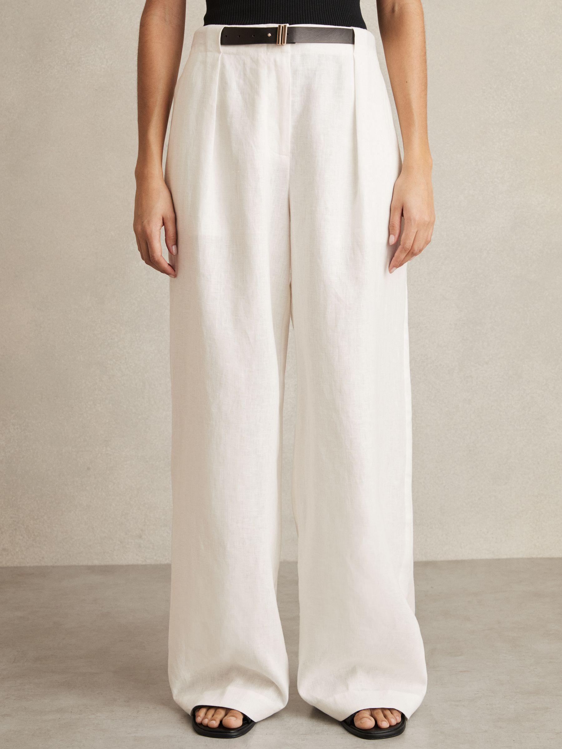Petite Linen Belted Wide-Leg Trousers in White Product Image