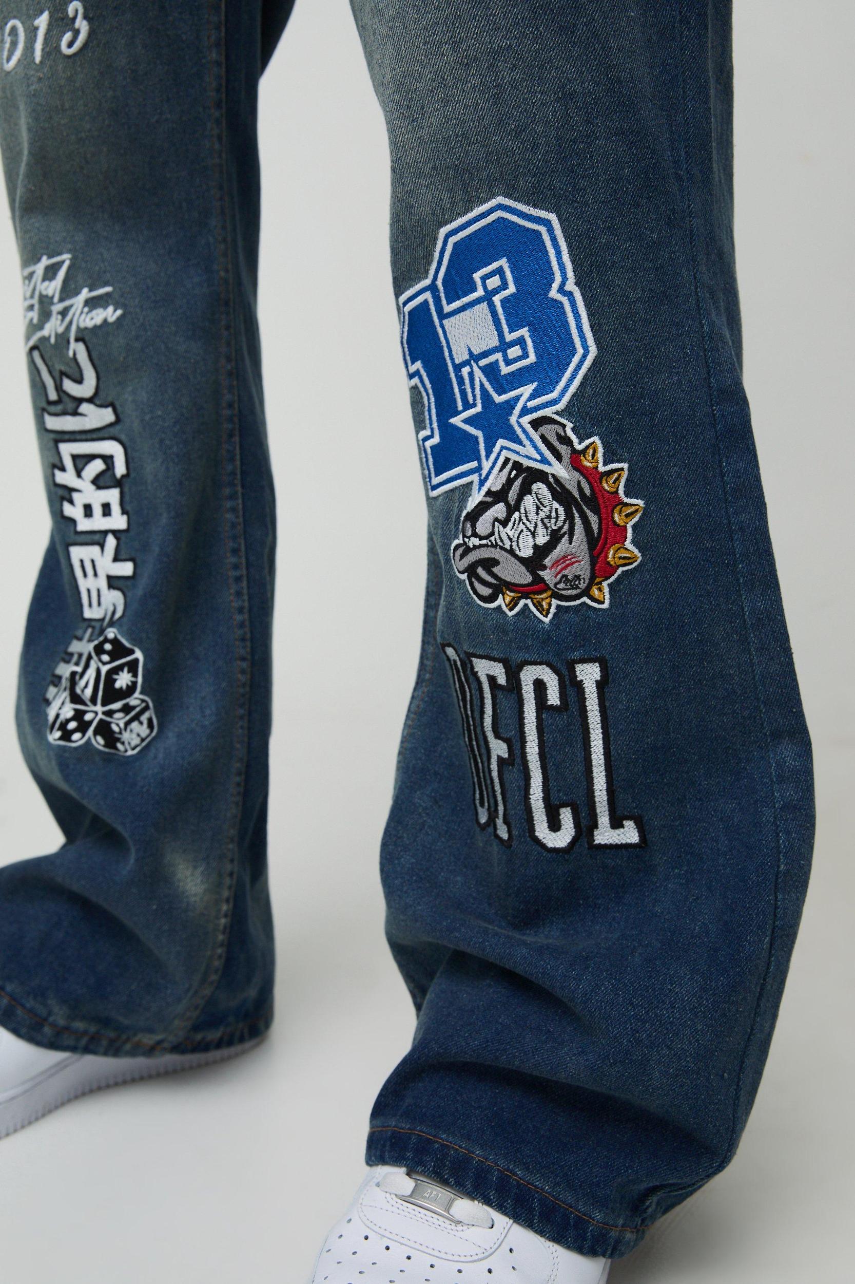 Relaxed Rigid Flared Gusset Varsity Applique Badge Jeans | boohooMAN USA Product Image