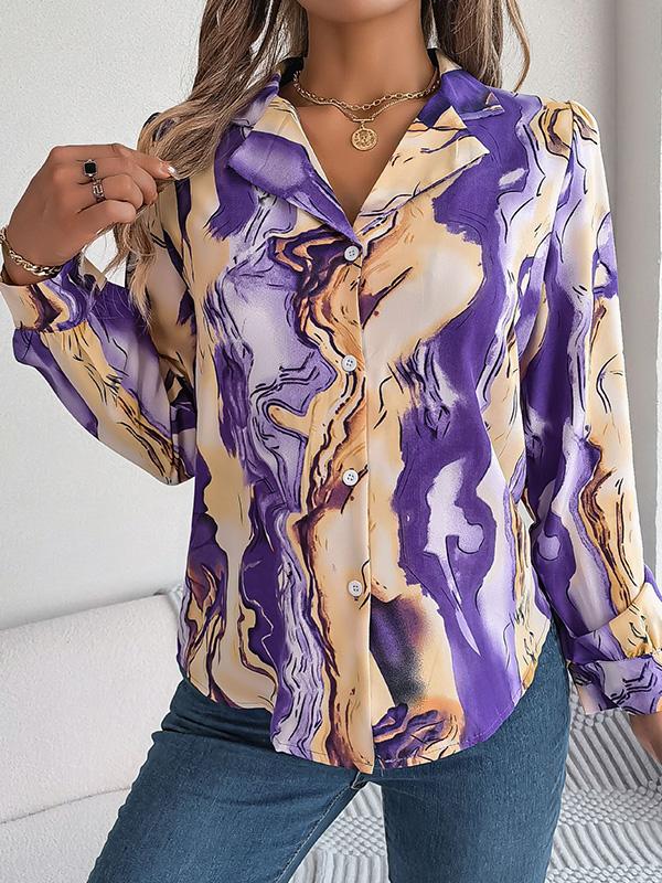 Long Sleeves Loose Buttoned Printed Notched Collar Blouses&Shirts Tops Product Image