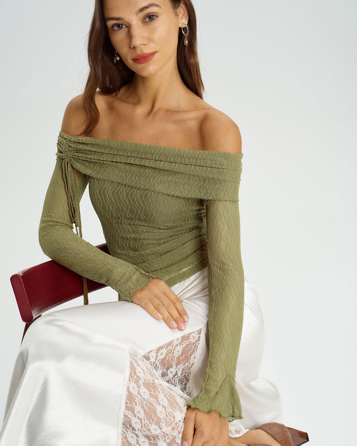 Green Off The Shoulder Bell Sleeve Tee Product Image