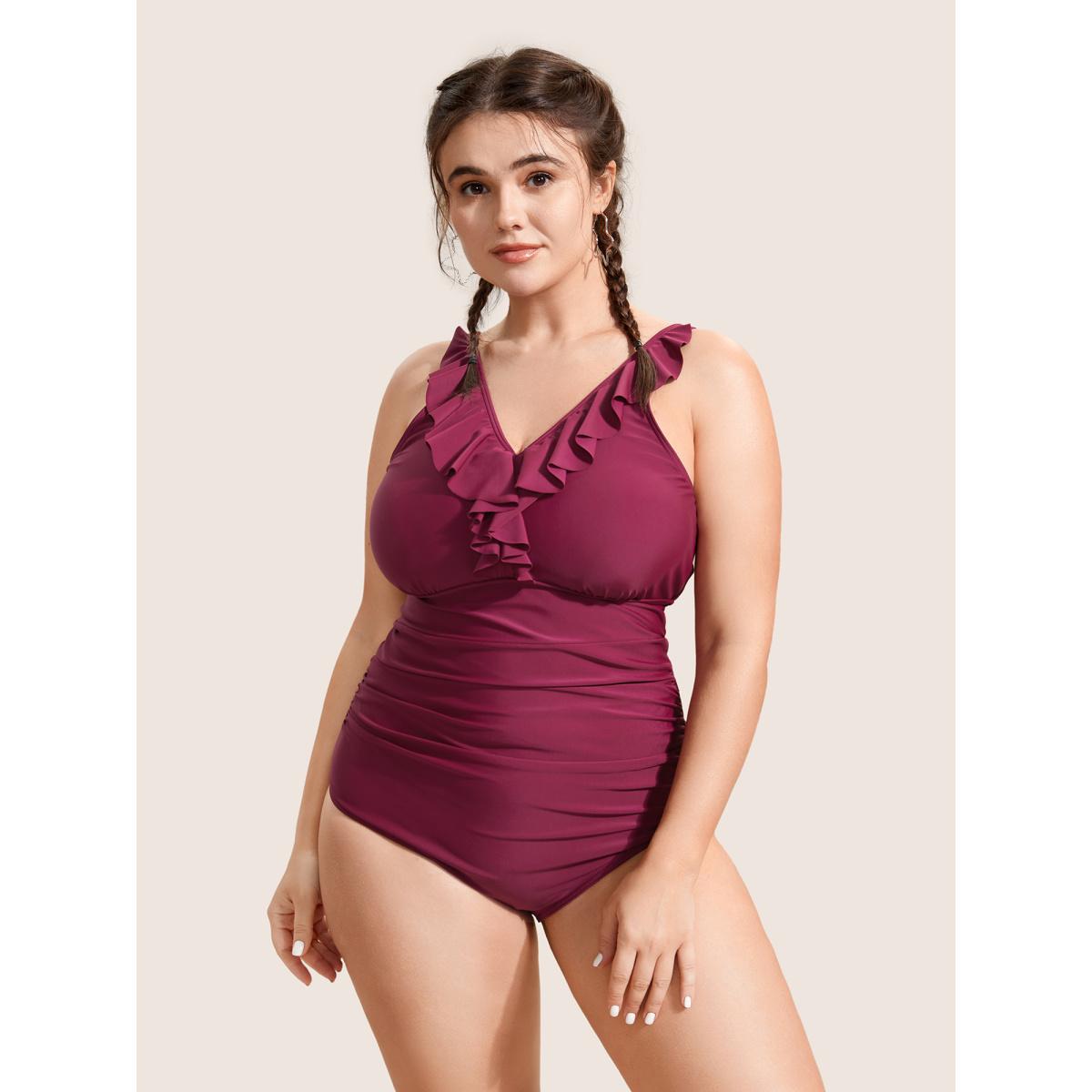 Plus Size Plain Ruffle Trim Gathered Sleeveless One Piece Swimsuit Women's Swimwear RedViolet Beach Gathered Curve Bathing Suits High stretch One Pieces BloomChic 12/L Product Image