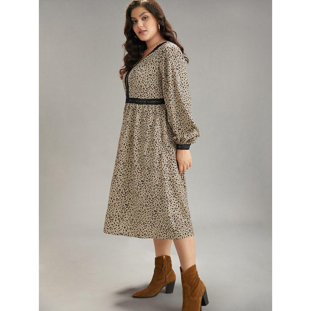 Plus Size Leopard Pocket Guipure Lace Lantern Sleeve Dress Stone Women Vacation Elastic cuffs V-neck Long Sleeve Curvy Midi Dress BloomChic 30/6X Product Image