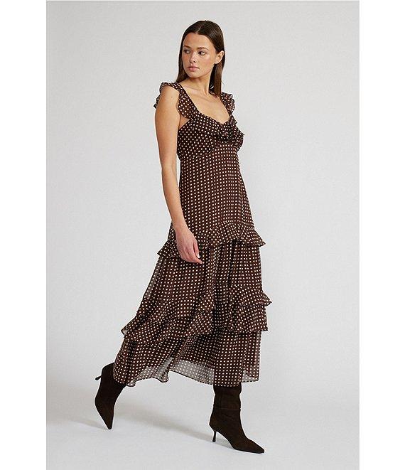 Lucy Paris Cassandra Dotted Chiffon Sweetheart Neck Sleeveless Ruffle Tiered Midi Dress Product Image