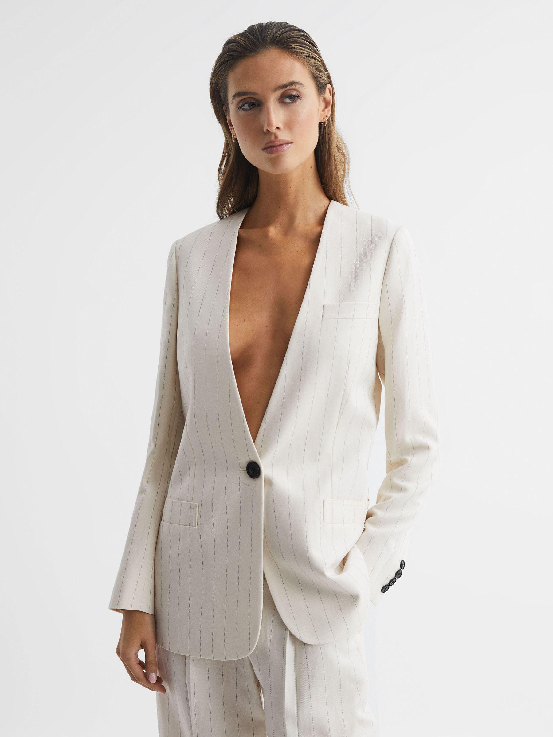 Collarless Pinstripe Blazer in White Product Image