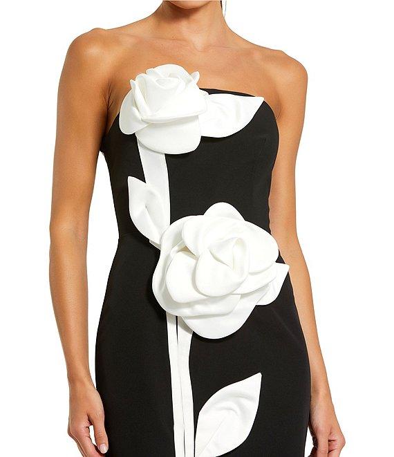 Mac Duggal Strapless 3D Satin Flowers Crepe Sheath Ankle Midi Dress Product Image