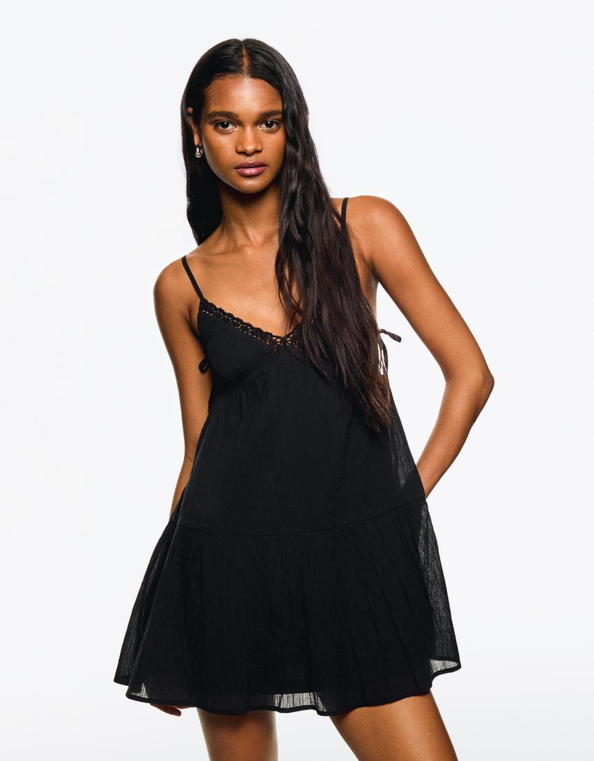 Textured mini dress with lace trim Product Image