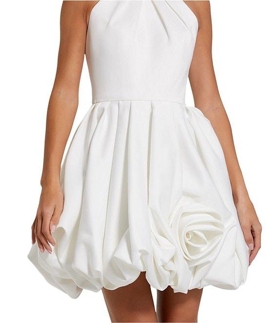 Mac Duggal Satin Mock Neck Sleeveless Ruched Rosette Bubble Hem Mini Dress Product Image