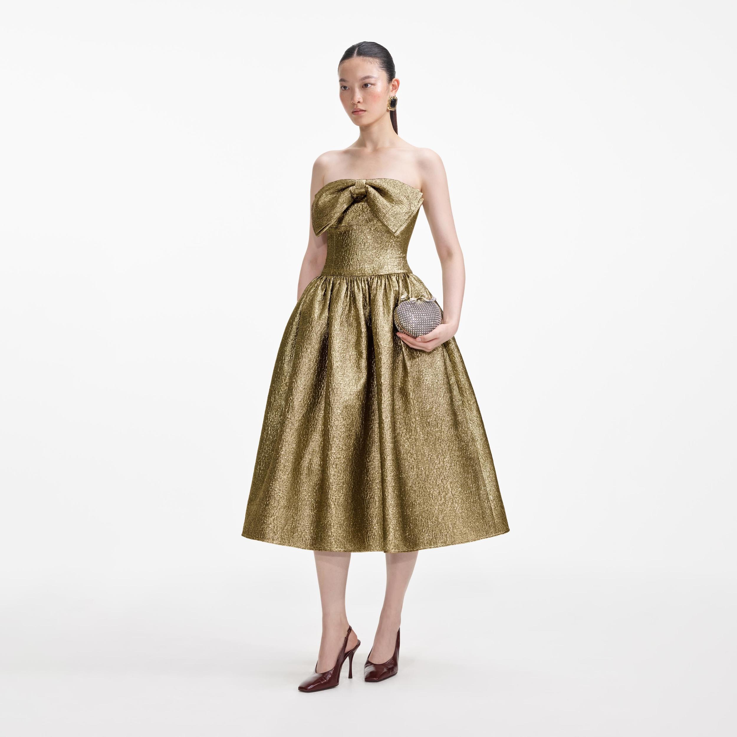 Gold Metallic Jacquard Midi Dress Product Image