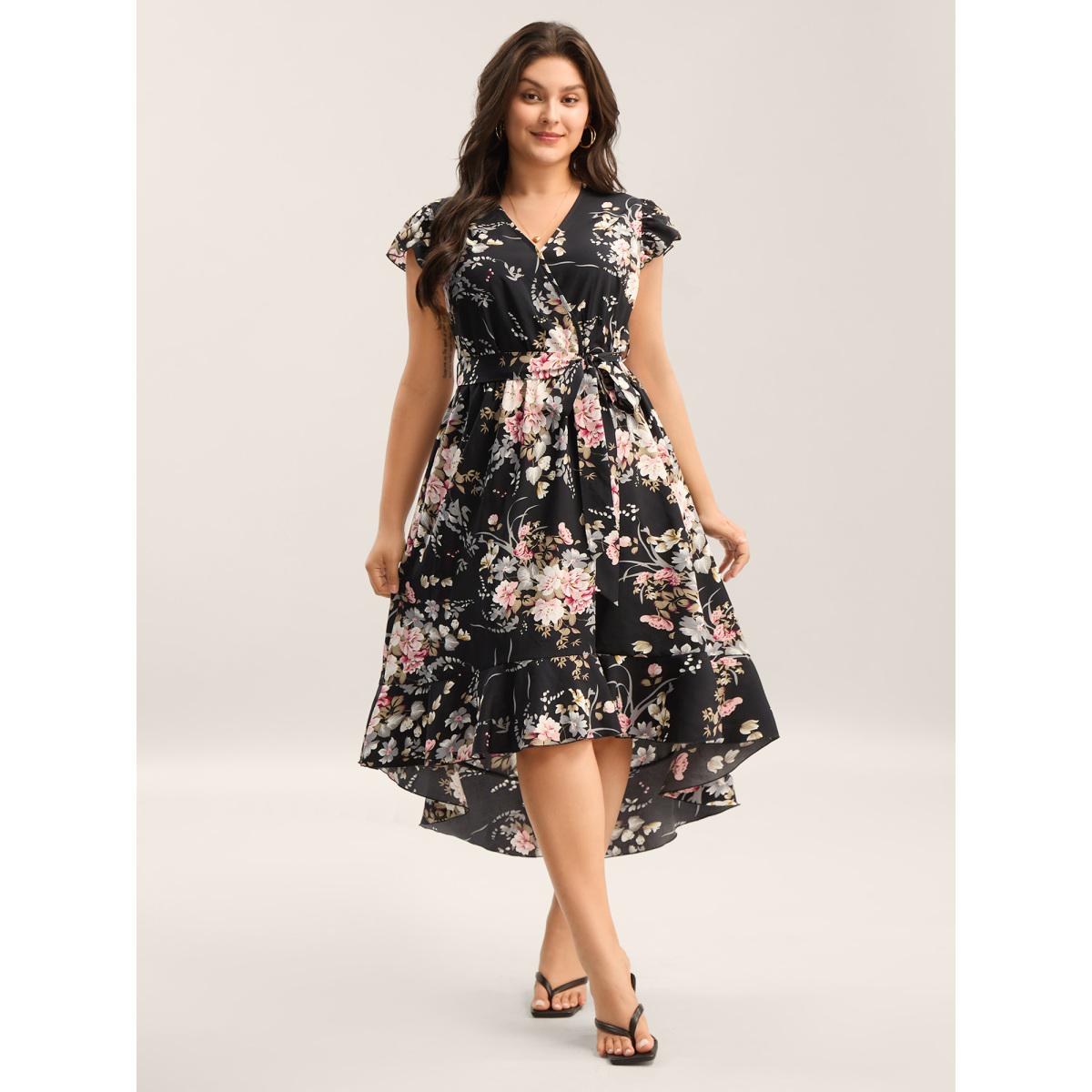 Plus Size Midnight Blooms Wrap A-Line Midi Dress Black Women Romantic Overlap Collar Cap Sleeve Curvy BloomChic 10/M Product Image