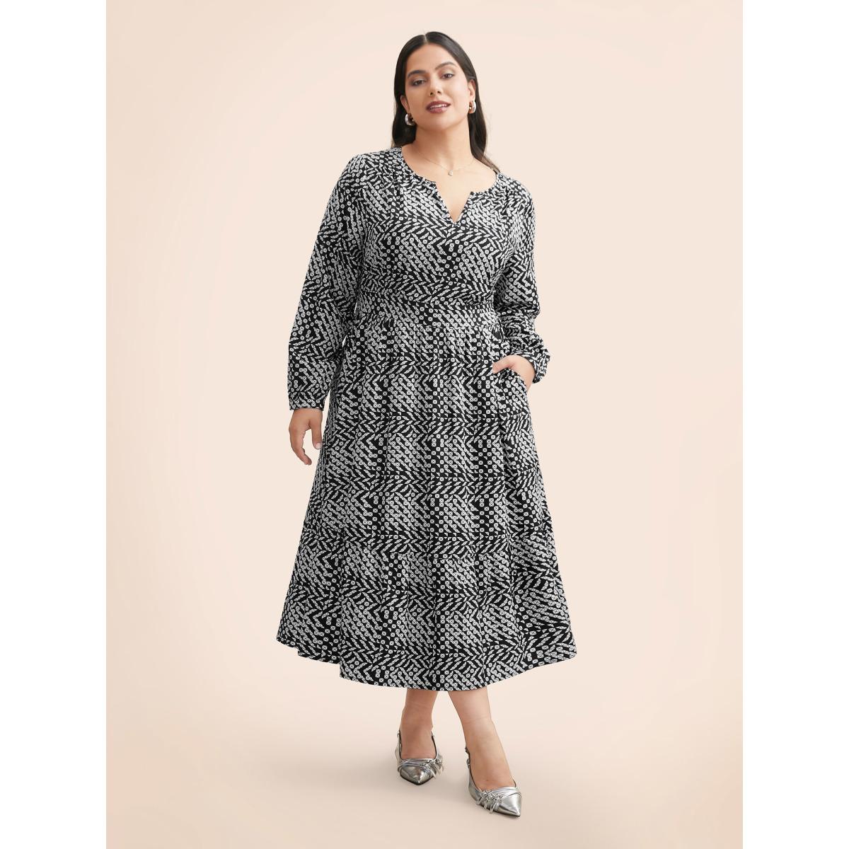 Plus Size Geometric Notched Lantern Sleeve Midi Dress BlackFlower Women At the Office Shirred Flat collar with V-notch Long Sleeve Curvy BloomChic 30/6X Product Image