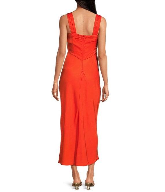 French Connection Ennis Satin V-Neck Wide Ruched Straps Sheath Maxi Dress Product Image