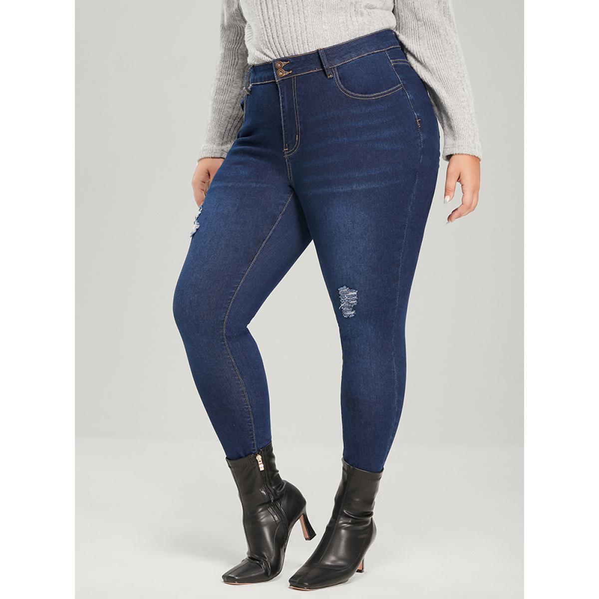Plus Size Skinny Extremely Stretchy High Rise Dark Wash Distressed Jeans Women Blue Casual Plain Distressed High stretch Pocket Jeans BloomChic 24/3X Product Image