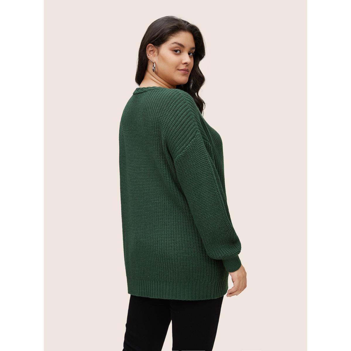 Plus Size Plain Cable Knit Crisscross Pullover DarkGreen Women Casual Loose Long Sleeve V-neck Dailywear Pullovers BloomChic 12/L Product Image