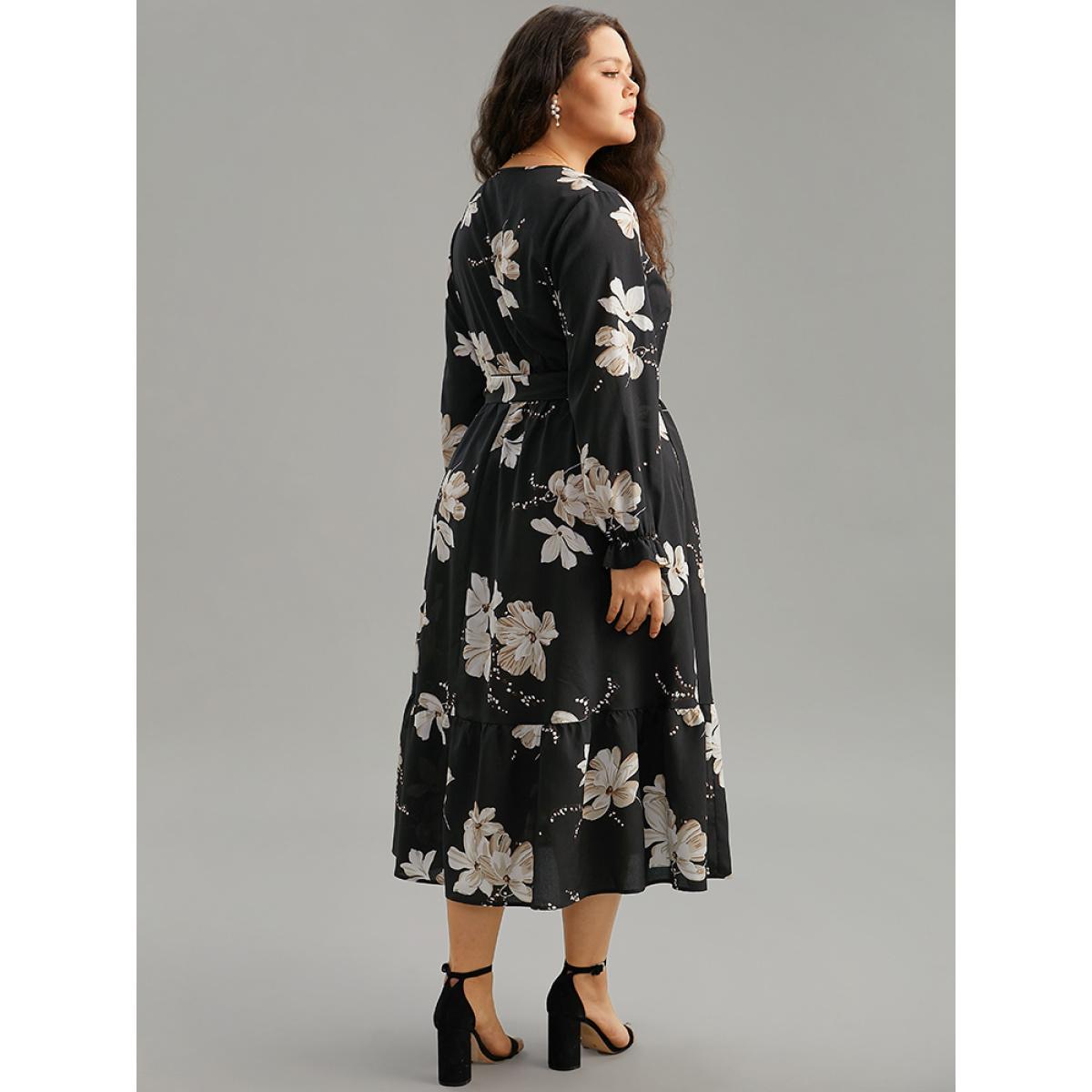 Plus Size Floral Print Flutter Sleeve Belted Surplice Neck Dress Black Women Elegant Wrap Overlap Collar Long Sleeve Curvy Midi Dress BloomChic 22-24/3X Product Image