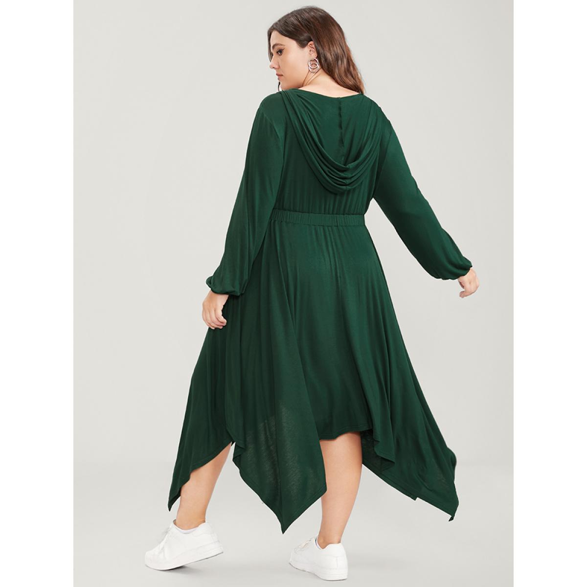 Plus Size Solid Pocket Zipper Up Hanky Hem Dress Green Women Elegant Elastic Waist Hooded Long Sleeve Curvy Long Dress BloomChic 26/4X Product Image