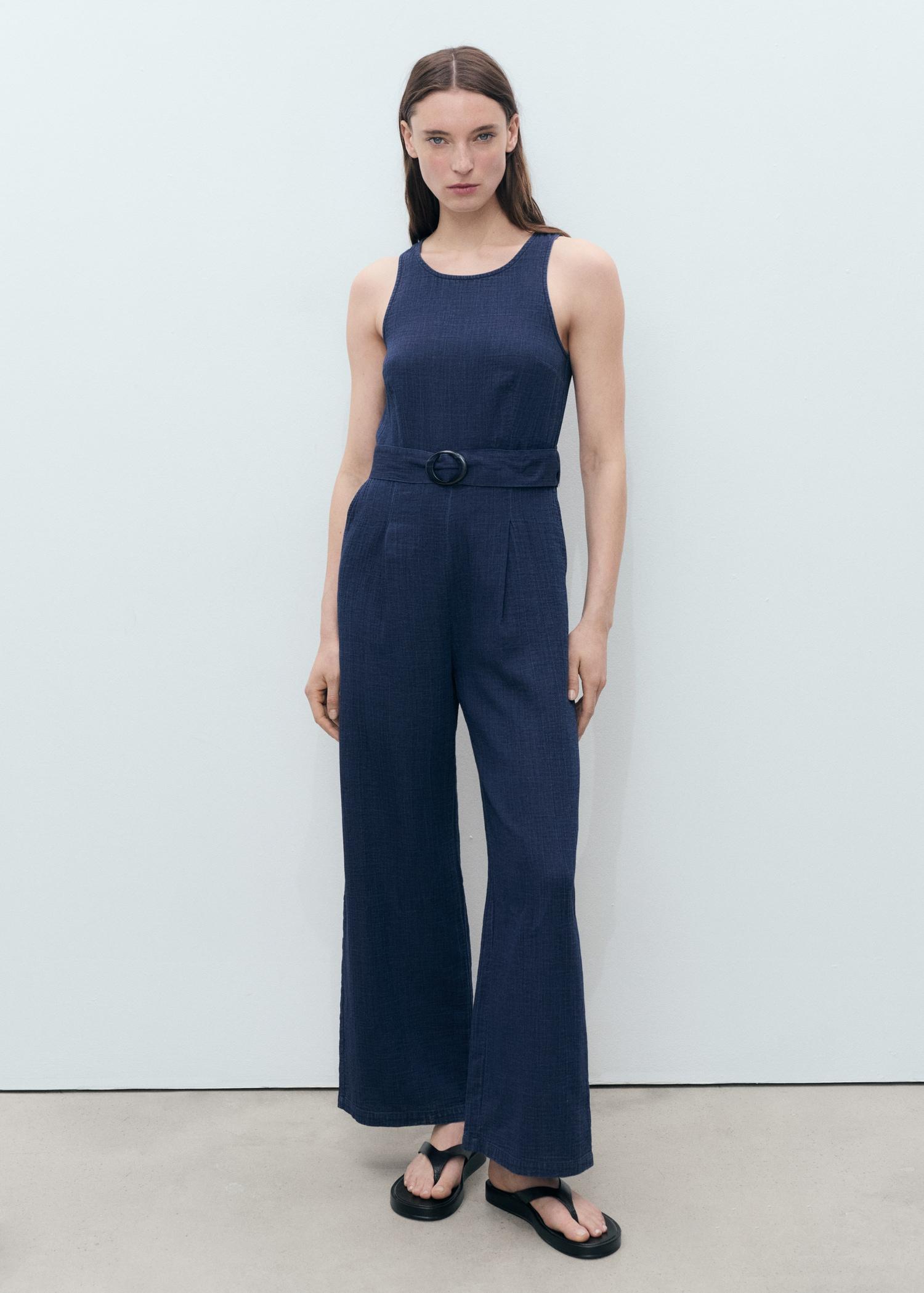 Flowy denim jumpsuit with belt - Women | MANGO USA Product Image