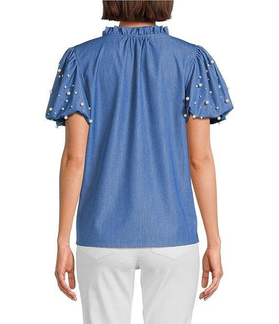 Calessa Short Pearl Sleeve Split V-Neck Woven Chambray Blouse Product Image