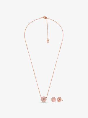14K -Plated Sterling Silver Pavé Logo Disc Earrings and Necklace Set Product Image