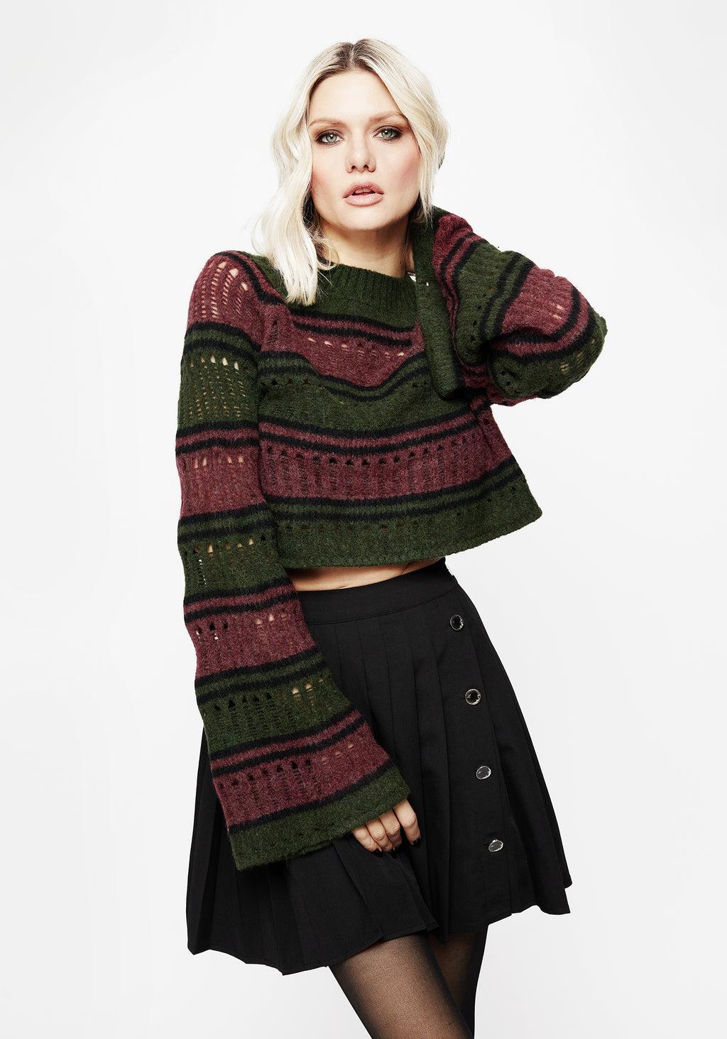 Splinter Stripe Knit Flare Sleeve Crop Sweater Product Image