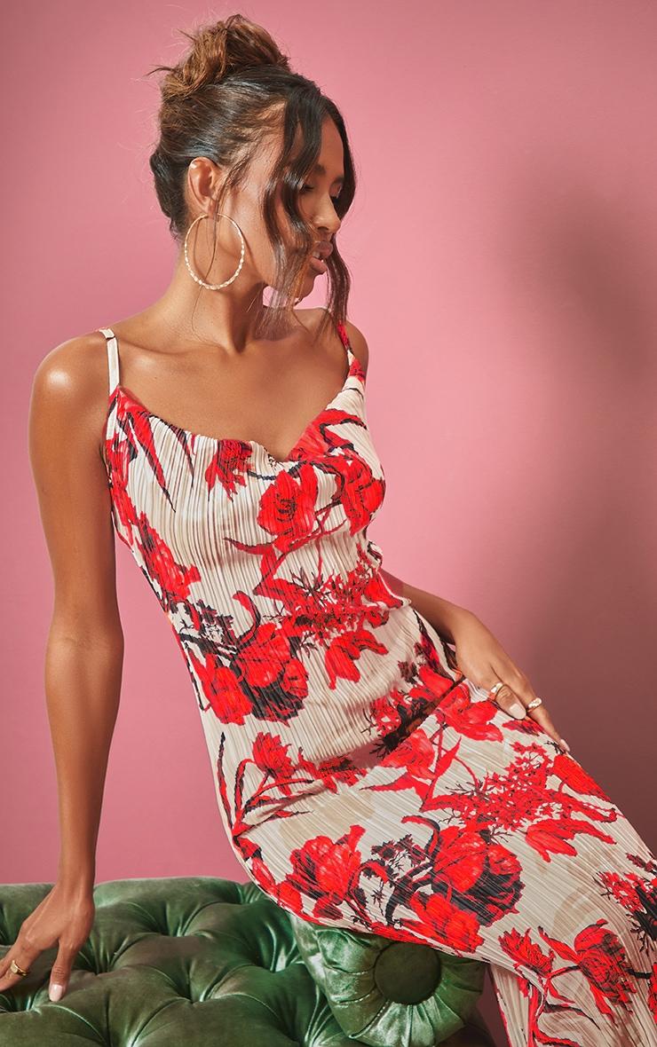 Nude Floral Print Plisse Strappy Maxi Dress Product Image
