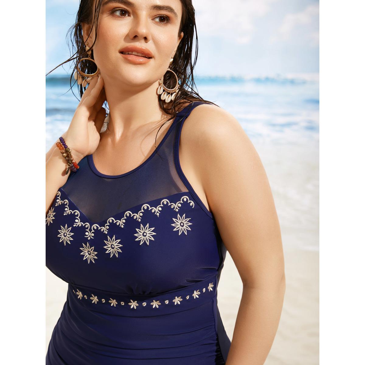 Plus Size Floral Embroidered Mesh Patchwork Ruched One Piece Swimsuit Women's Swimwear Indigo Beach Gathered Curve Bathing Suits High stretch One Pieces BloomChic 14-16/1X Product Image