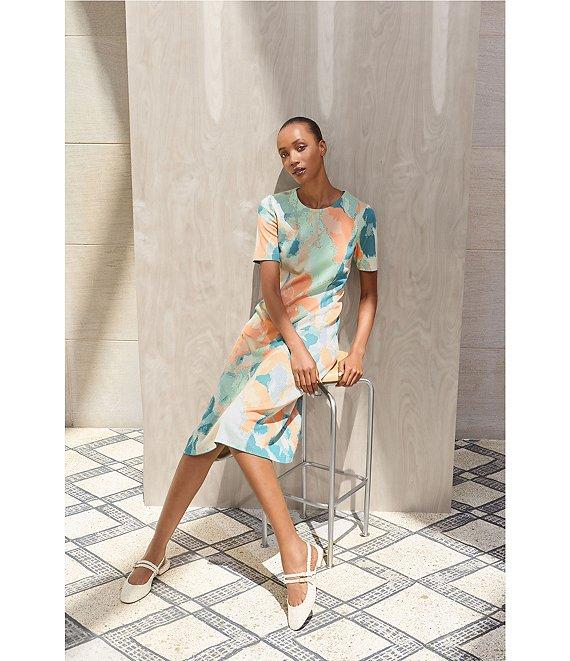 MISOOK Abstract Floral Knit Round Neck Short Sleeve A-Line Midi Dress Product Image