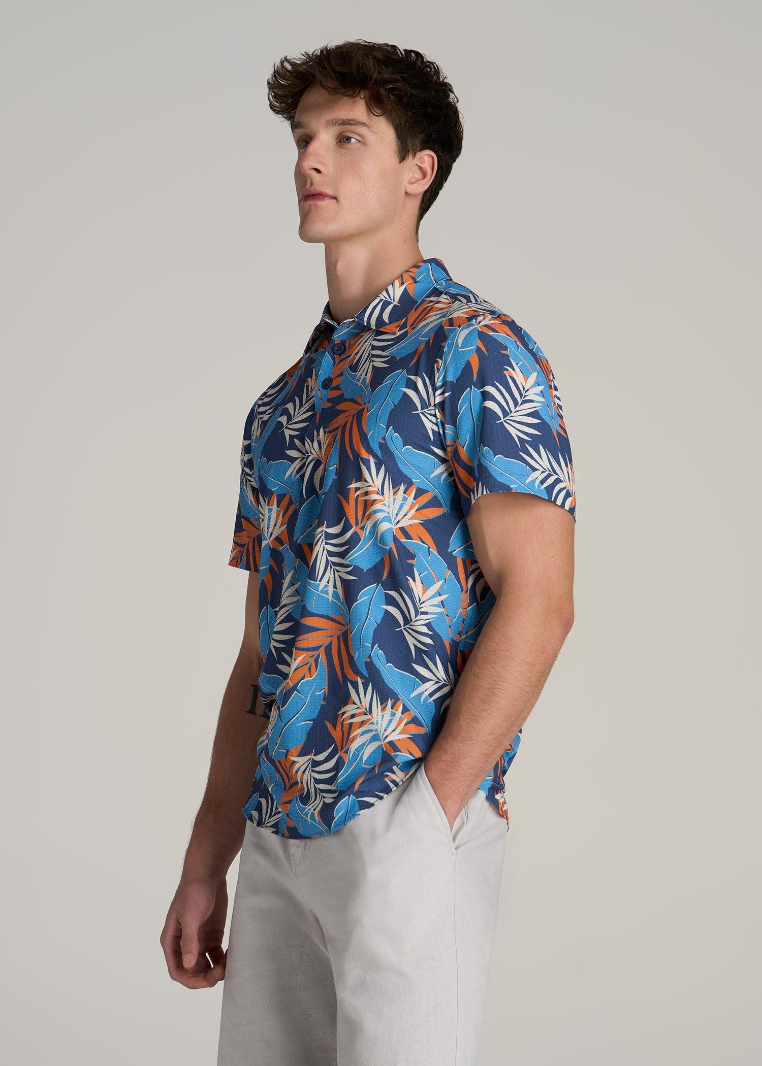 Coastal Perforated Polo Shirt for Tall Men in Blue and Orange Palms Male Product Image