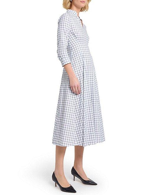 MISOOK Plaid Print Mandarin Split V-Neck 3/4 Sleeve Fit-And-Flare Midi Dress Product Image