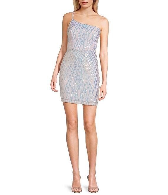 Honey and Rosie Sequin Mesh One Shoulder Double Spaghetti Strap Fitted Dress Product Image